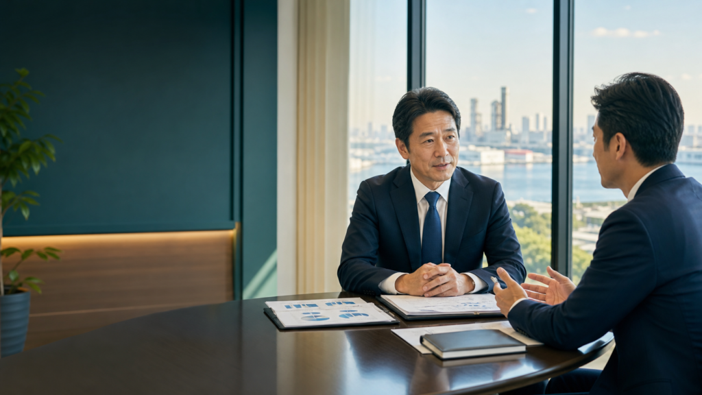 川崎の事業承継と会社売却について相談する経営者とM&Aアドバイザー