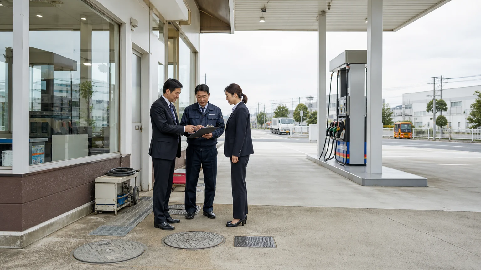 川崎のガソリンスタンドM&Aについて地下タンクと匿名資料を確認する経営者と専門家