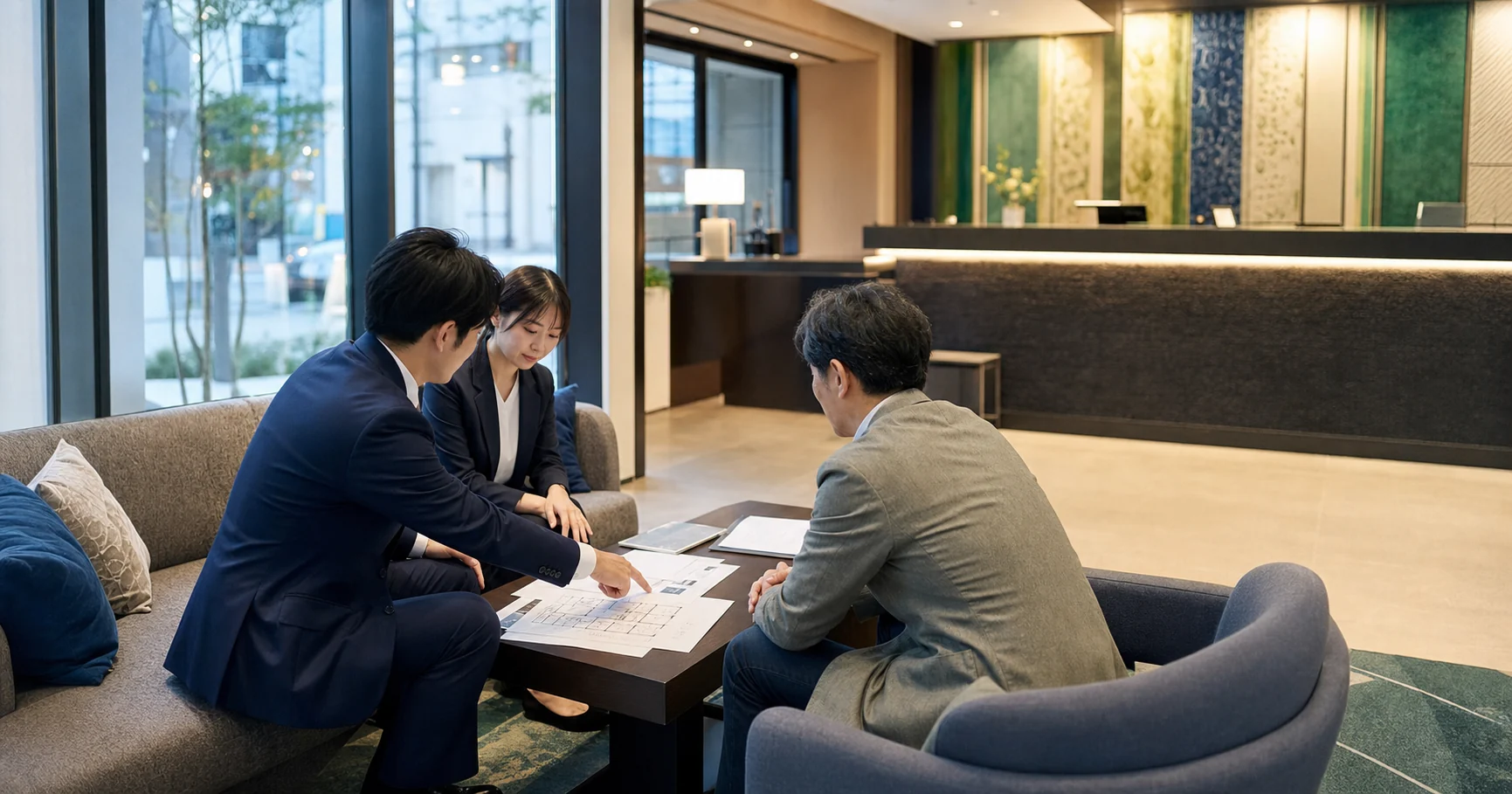 川崎の宿泊業M&Aについてホテルロビーで匿名資料を確認する経営者と専門家
