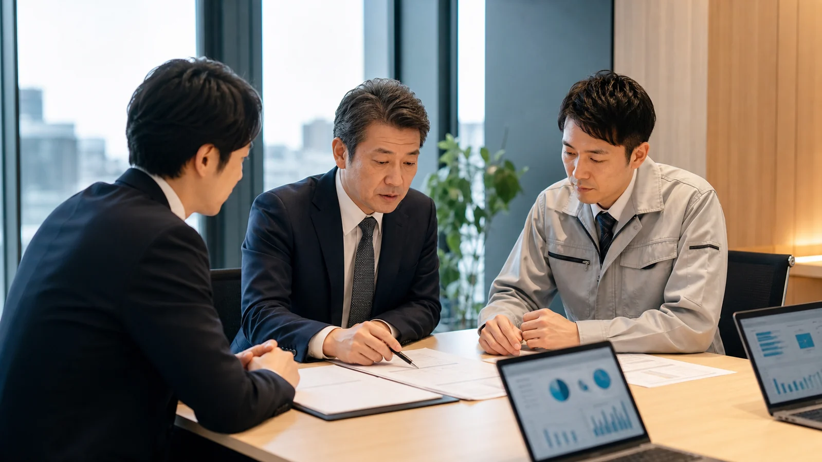 川崎のIT企業M&Aについて資料を確認する経営者と専門家