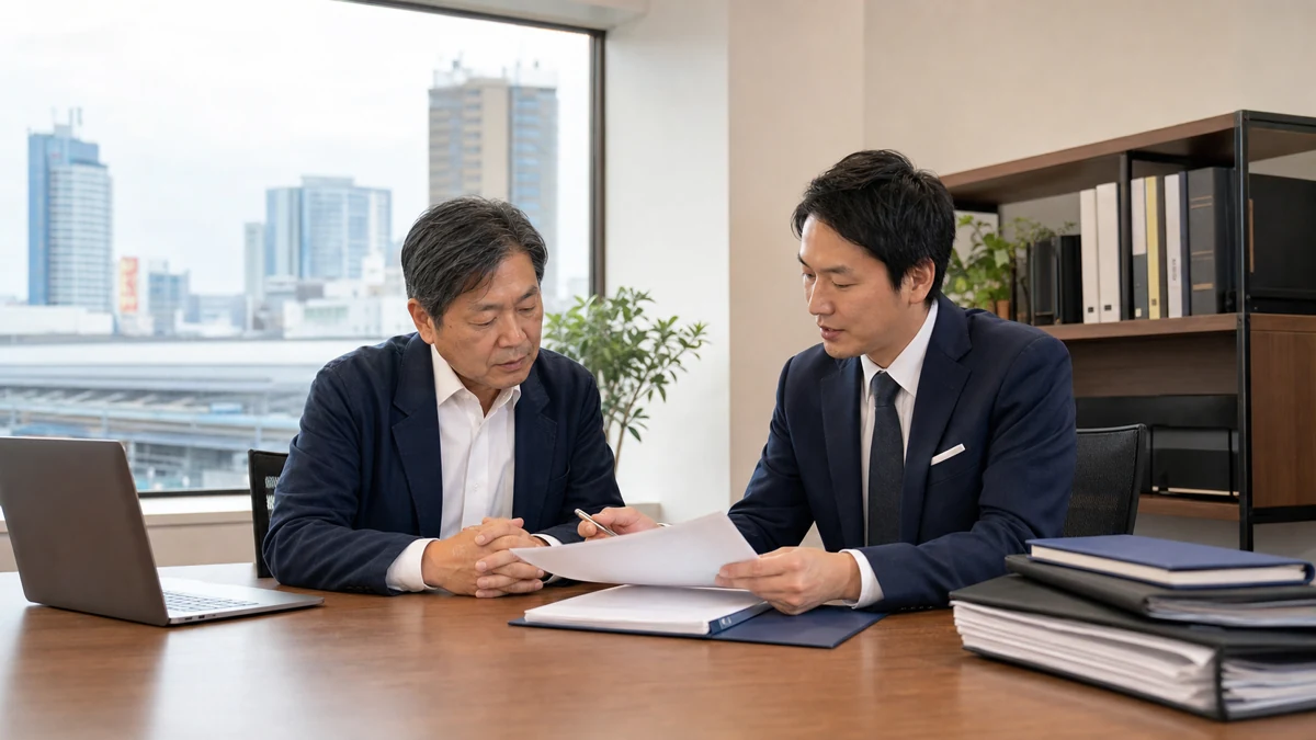 川崎の司法書士事務所M&Aについて匿名資料と案件承継を確認する経営者と専門家