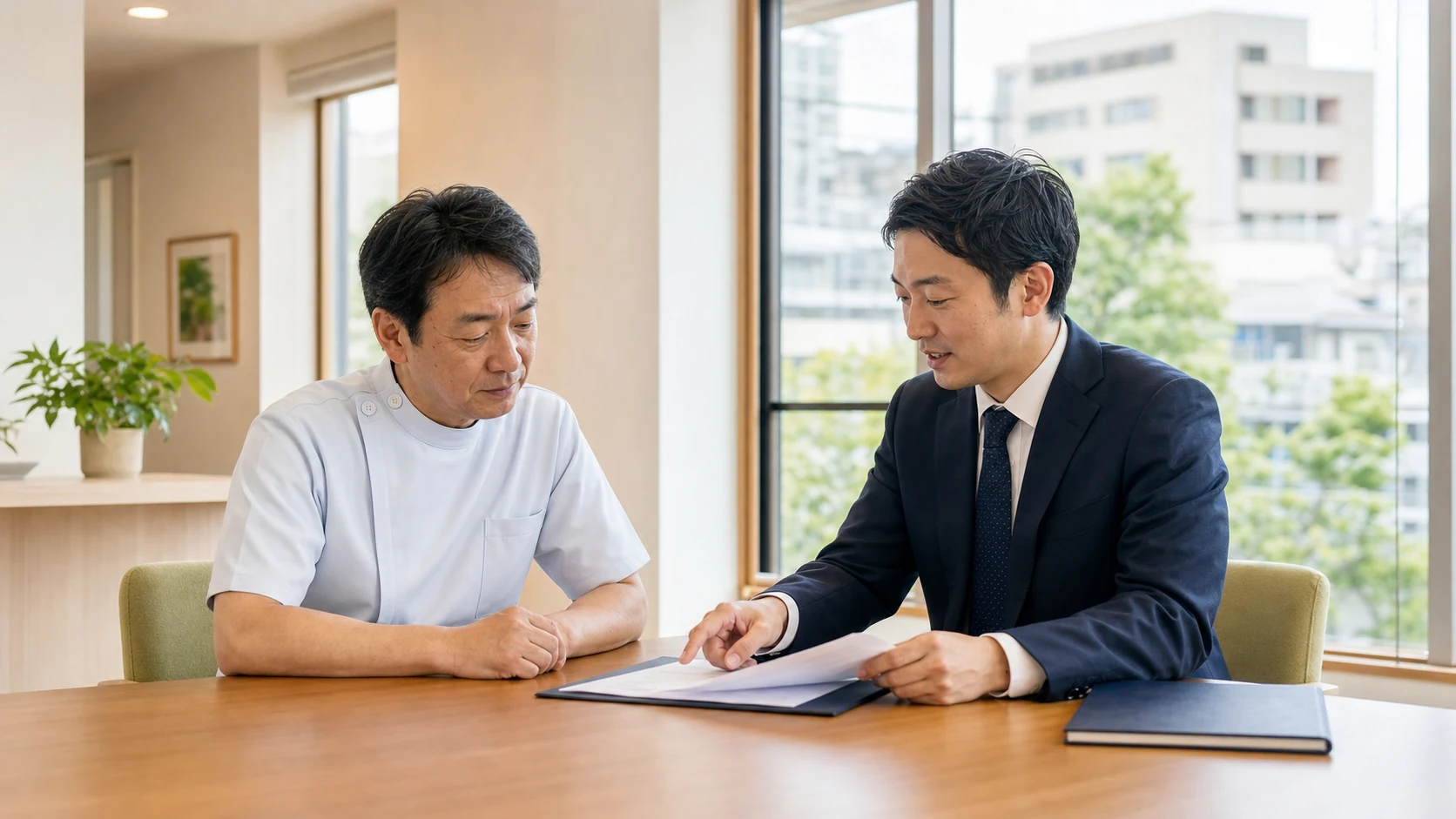 川崎の医療介護M&Aについて資料を確認する経営者と専門家