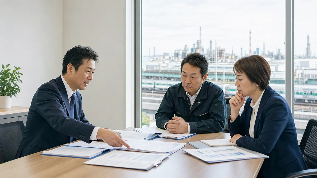 川崎の人材派遣会社M&Aについて派遣契約と承継資料を確認する経営者と専門家