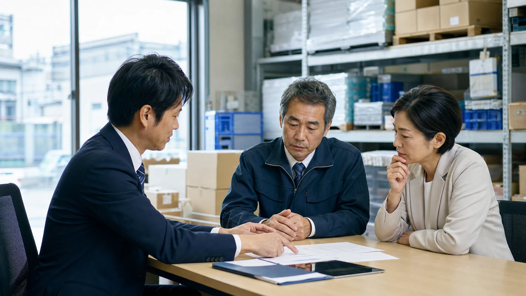 川崎の卸売業M&Aについて倉庫事務所で匿名資料を確認する経営者と専門家