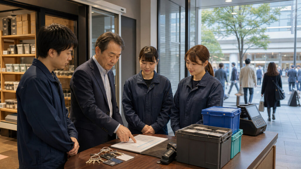 事業再生型M&Aで営業を続ける店舗・施設の引継ぎを経営者と運営責任者が確認する様子